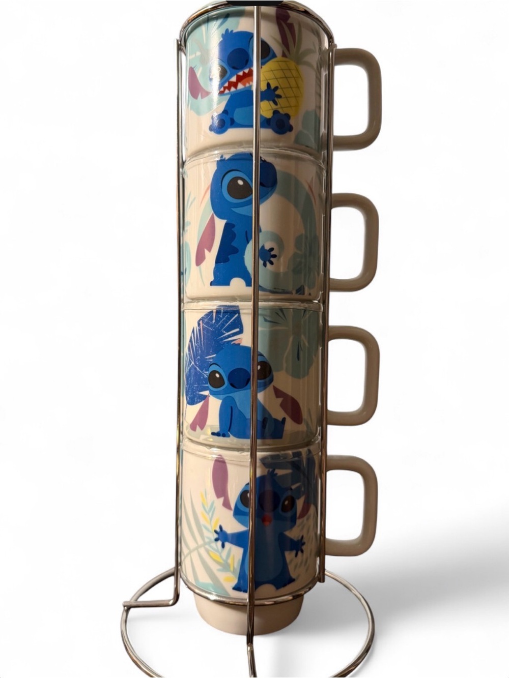 Disney Cream Mugs with Bright Blue Stitch Character Stack